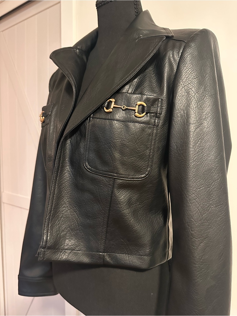 Women's Black Faux Leather Jacket with Gold Bit Accents